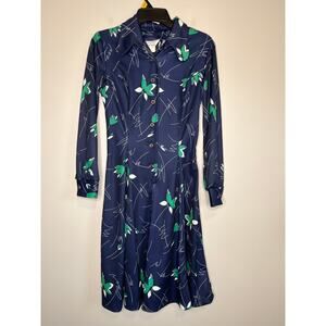 1970s Sears Navy Kelly Green Floral Disco Rounded Flat Dagger Skater Dress M